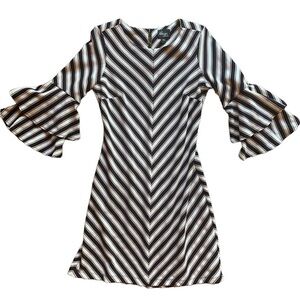 Beige by eci flattering striped dress with statement sleeves size medium